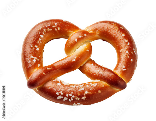 A single pretzel isolated on a white background, showcasing its twisted shape and golden-brown color 