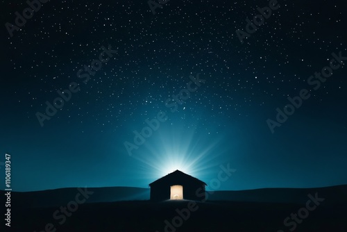 Stars illuminate a quiet hut under a vast night sky in a tranquil landscape