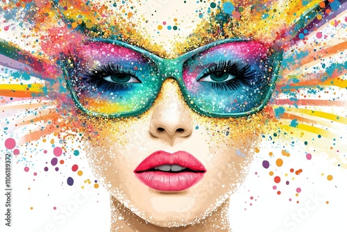 Vibrant artistic portrait of a woman with colorful splash sunglasses, showcasing bold creativity and modern digital art style
