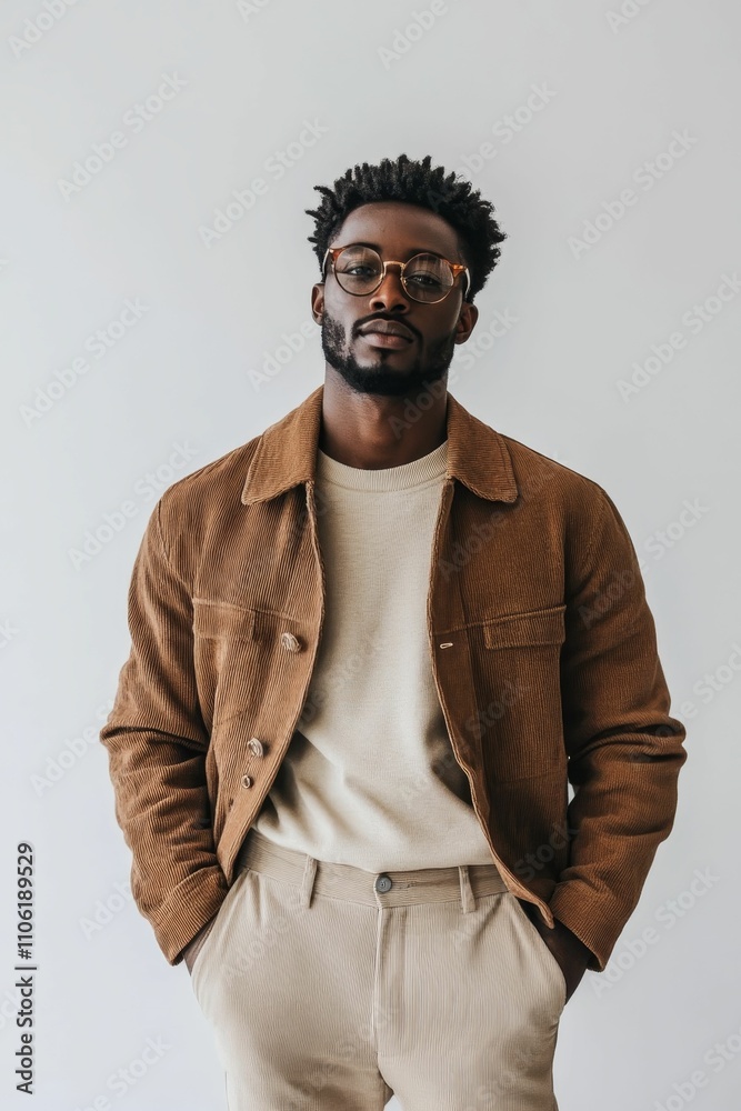 Man in brown jacket, beige pants, glasses. Man in brown jacket, beige pants, glasses.