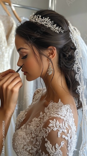 Bridal preparation with elegant makeup in soft light during morning hours