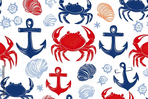 Seamless nautical pattern featuring crabs, anchors, and seashells in playful marine colors photo