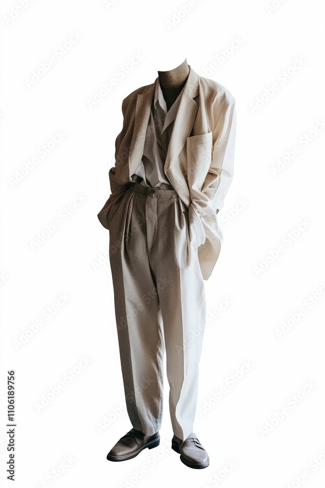 Headless beige suit, shoes; minimalist fashion. Headless beige suit, shoes; minimalist fashion.