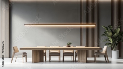 Modern dining area featuring minimalist design and neutral colors during dayl...