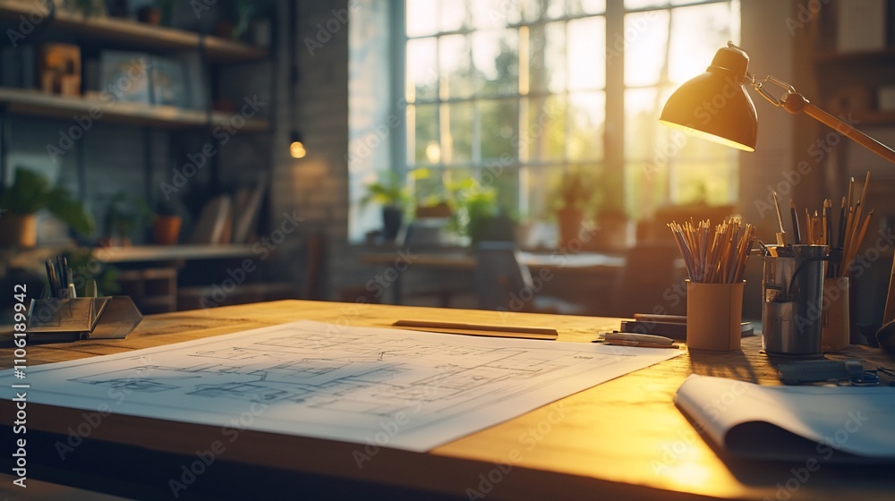 Sunlit architect's desk with blueprints. Sunlit architect's desk with blueprints.