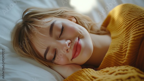Young woman sleeping peacefully in cozy bed with soft sunlight filtering thro...