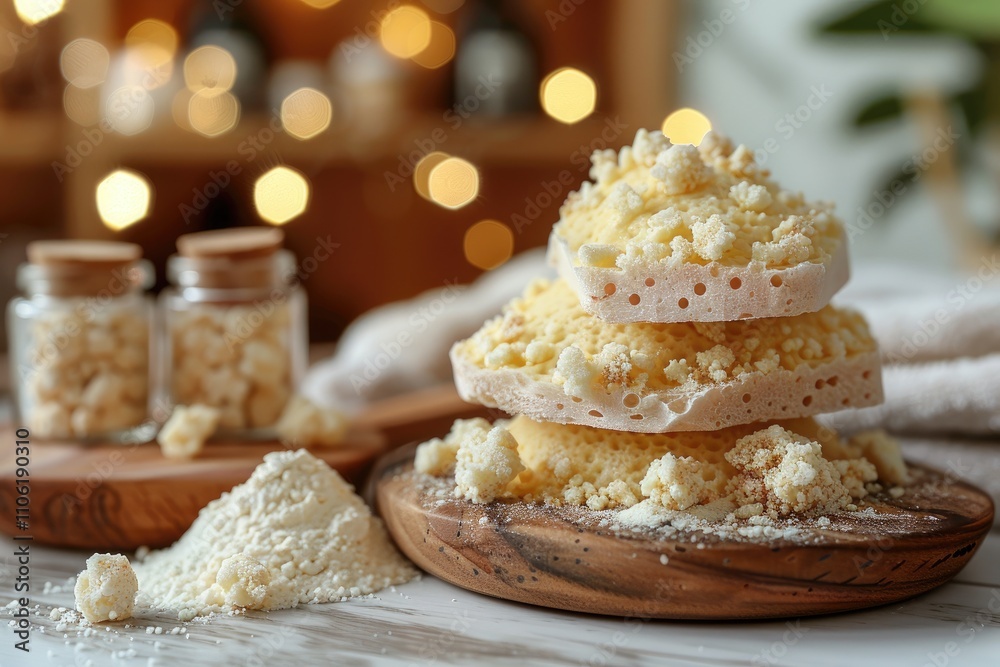 Crumbled Biscuits on Wooden Cutting Board with Powdered Sugar Crumbled Biscuits on Wooden Cutting Board with Powdered Sugar