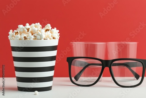 Popcorn and coffee cups with sunglasses create a fun movie snack arrangement