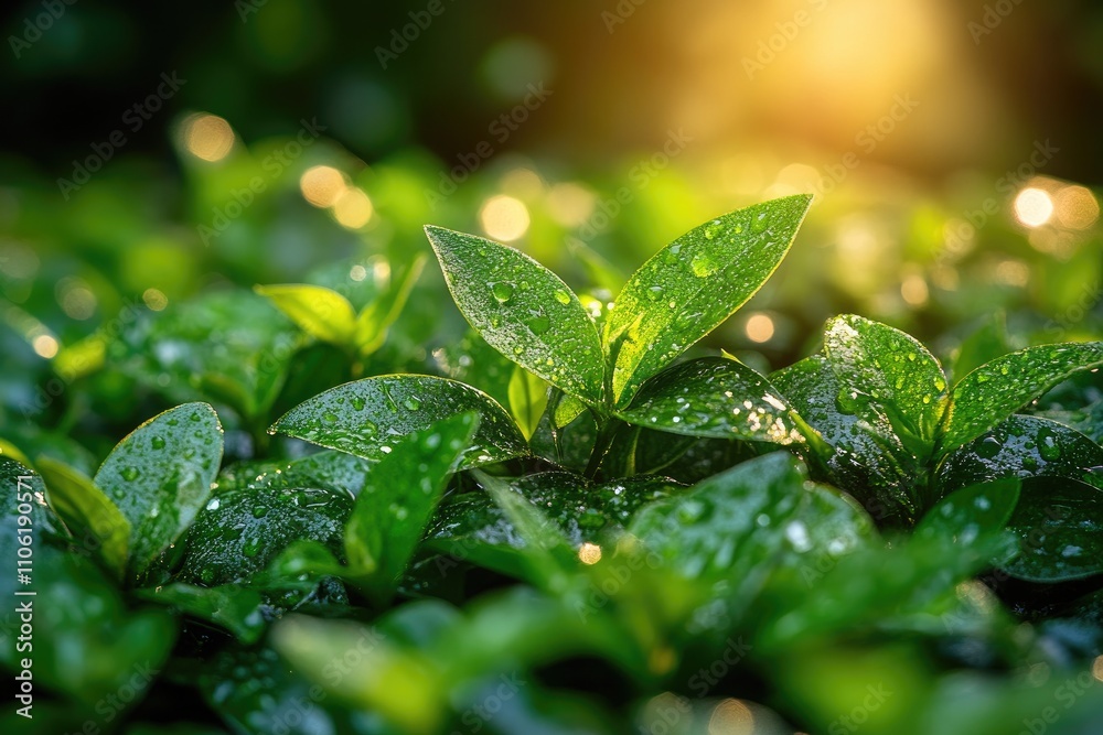 Dew-Covered Green Leaves Illuminated by Warm Sunlight Dew-Covered Green Leaves Illuminated by Warm Sunlight