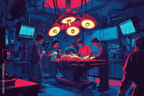 Surgical team performing operation in advanced hospital operating room with modern equipment for critical medical procedures and patient care