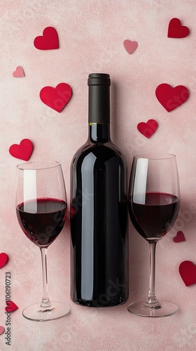 Romantic evening with red wine and heart decorations in a cozy setting