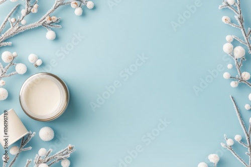 Winter skincare arrangement with cream and decorative branches on blue backgr...
