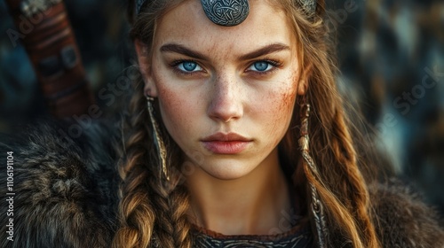 Viking Woman in Traditional Warrior Clothes. Portrait with Fashion and Halloween Vibes photo