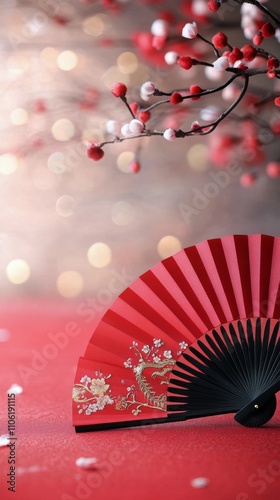 Beautiful red fan rests on a vibrant surface with decorative branches in the ...