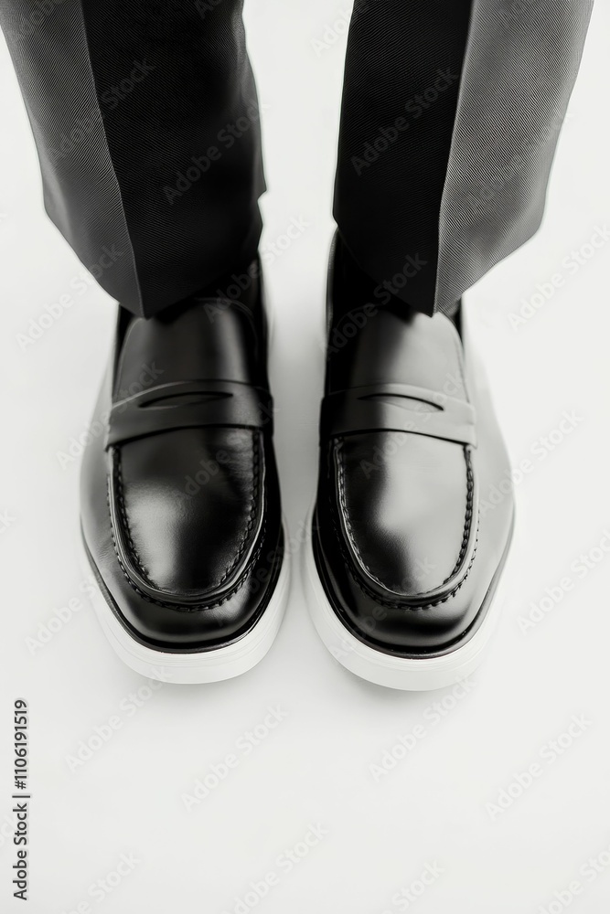 Black leather loafers, white soles, formal pants. Black leather loafers, white soles, formal pants.