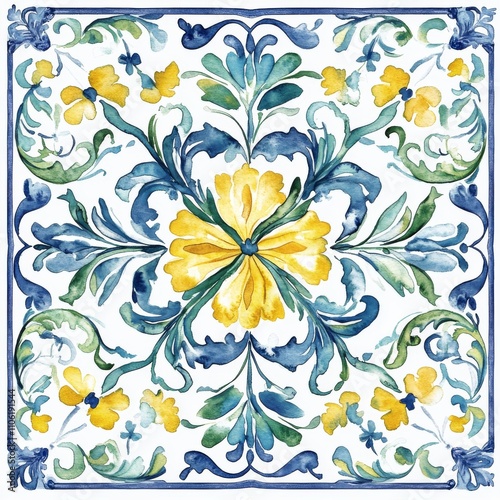 Vibrant floral pattern featuring blue and yellow flowers with green leaves in...