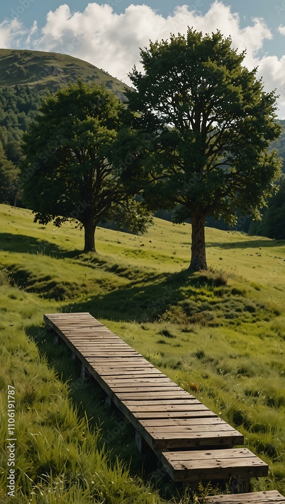 Fototapeta premium Green hills with trees and a platform.