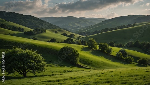Green hills and trees.