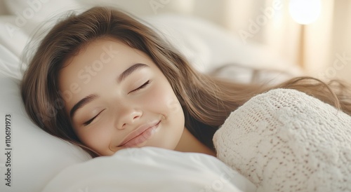 Young girl peacefully sleeping in a cozy bedroom during early morning hours