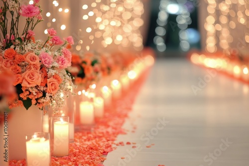 Elegant wedding decor featuring flowers and candles along a romantic aisle wi...