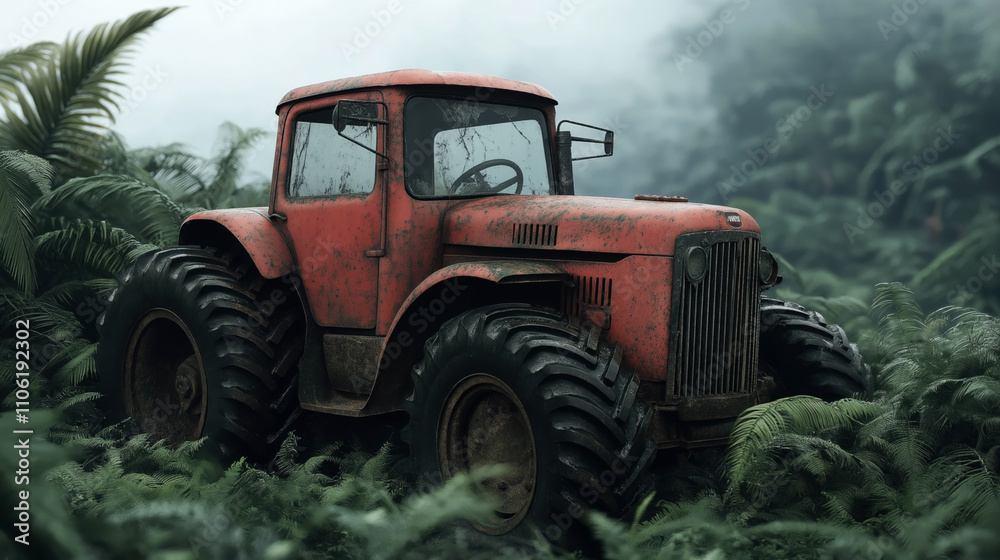 Old red tractor in dense green vegetation, surrounded by lush ferns and misty atmosphere, highlighting an overgrown and abandoned agricultural scene. Old red tractor in dense green vegetation, surrounded by lush ferns and misty atmosphere, highlighting an overgrown and abandoned agricultural scene.