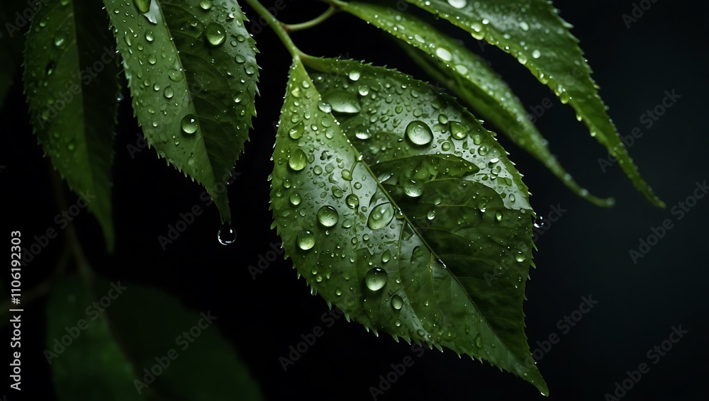 Green leaf with water droplets against a dark background. Green leaf with water droplets against a dark background.