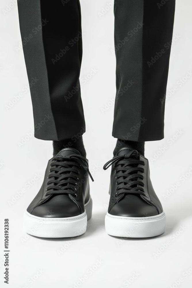 Black leather shoes, white soles, trousers. Black leather shoes, white soles, trousers.