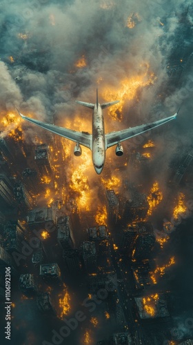 Airplane flies over a city engulfed in flames and smoke during a catastrophic...