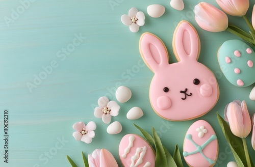 Colorful Easter cookies arranged with pink tulips on a light blue background
