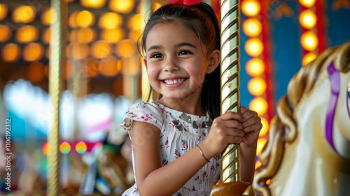 A young girl with a big smile rides a carousel horse, holding onto the pole as she enjoys the ride. Bright lights illuminate the scene
