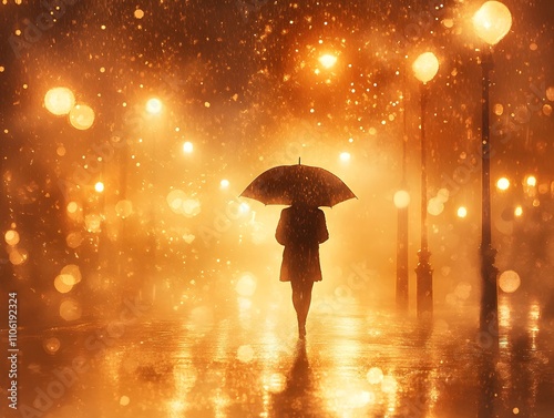 A solitary figure walks under an umbrella on a rainy night, illuminated by glowing streetlights creating a magical bokeh effect in the background