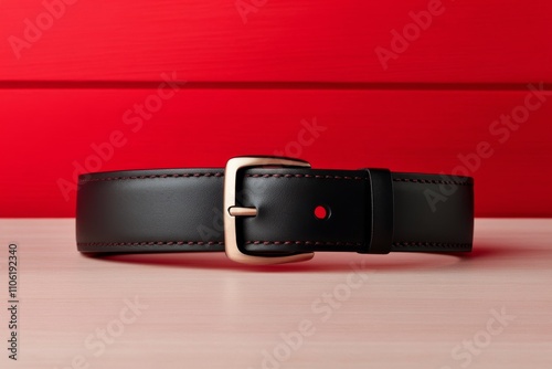 Stylish black leather belt against a bold red background showcasing modern fa...