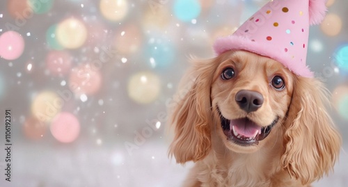 Cute puppy wearing a party hat surrounded by colorful balloons at a celebration