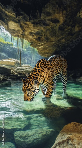Jaguar drinks water in a lush cave environment during daylight hours
