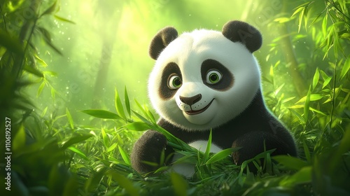 Adorable panda cub in bamboo forest. photo