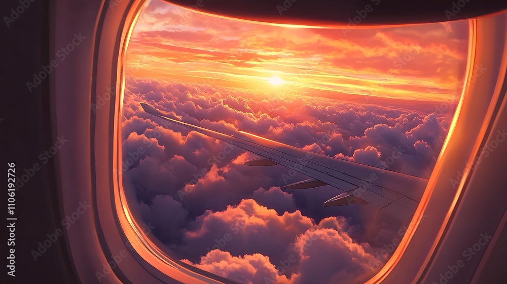 Airplane Wing Sunset Cloudscape Aerial View Airplane Wing Sunset Cloudscape Aerial View