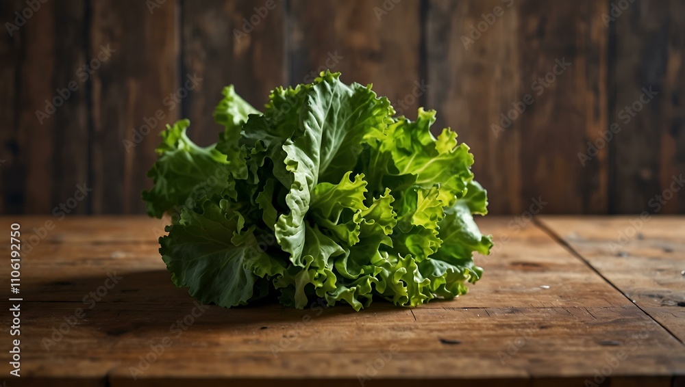Green lettuce leaves on a wooden kitchen table. Green lettuce leaves on a wooden kitchen table.