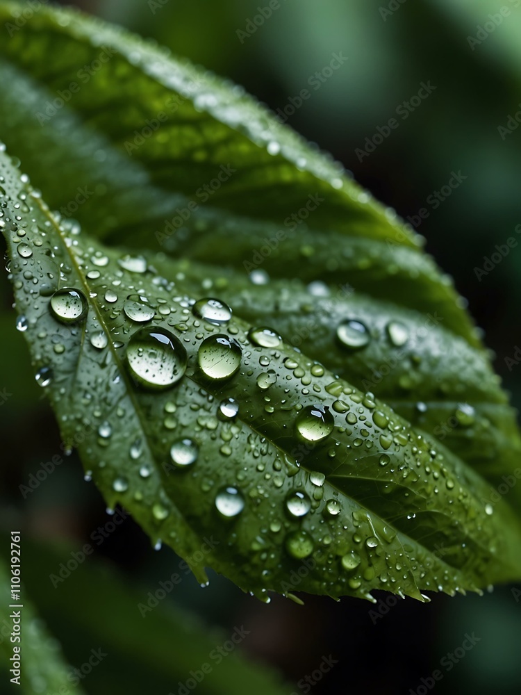 Green leaves with water droplets, representing freshness. Green leaves with water droplets, representing freshness.