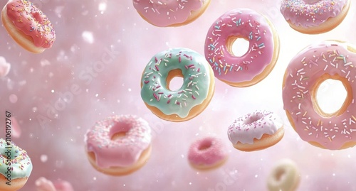 Colorful donuts with sprinkles floating against a pink background