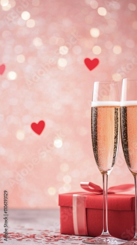 Celebration with champagne and gift box surrounded by heart decorations for s...