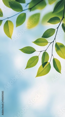 Bright green leaves basking in sunlight under a clear blue sky during a warm ...