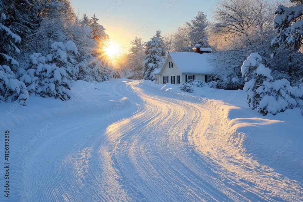 A Snow-Covered Country Road Leading to a House in a Snowy Forest at Sunset
