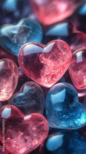 Colorful heart shaped gems scattered in blue and pink shades on a dark surface