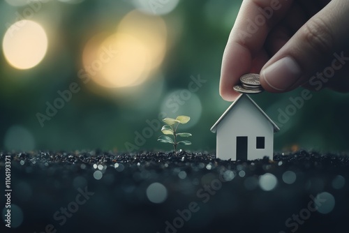 Saving money in a small house model surrounded by grass and sunlight during t...