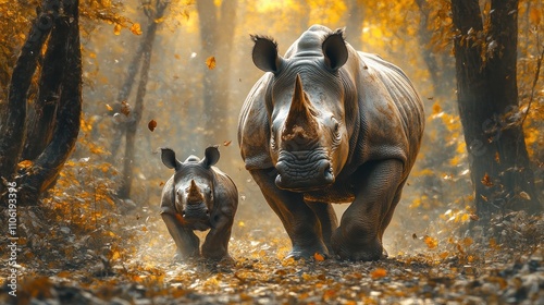 Adult rhino and calf walking in autumn forest.