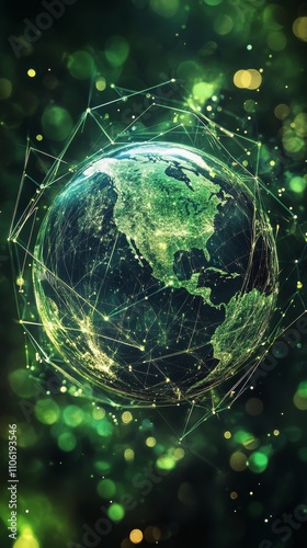 Global connectivity illustrated through a vibrant green digital globe represe...