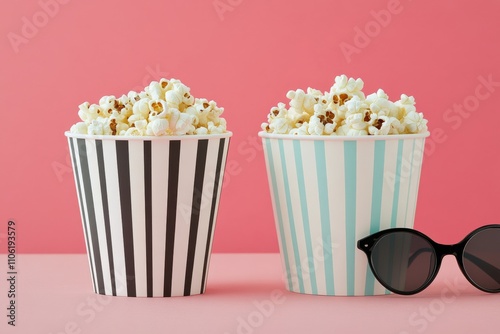 Popcorn in striped containers with stylish sunglasses on a pink background photo