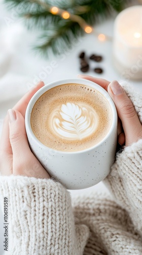 Warm drink with heart latte art held in cozy hands in a softly lit background...