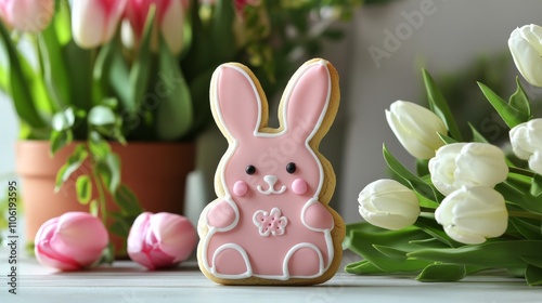 Easter celebration with pink bunny cookie and tulips in a spring setting
