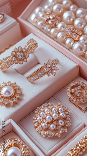 Elegant gold ring surrounded by pearls on a delicate pink surface
